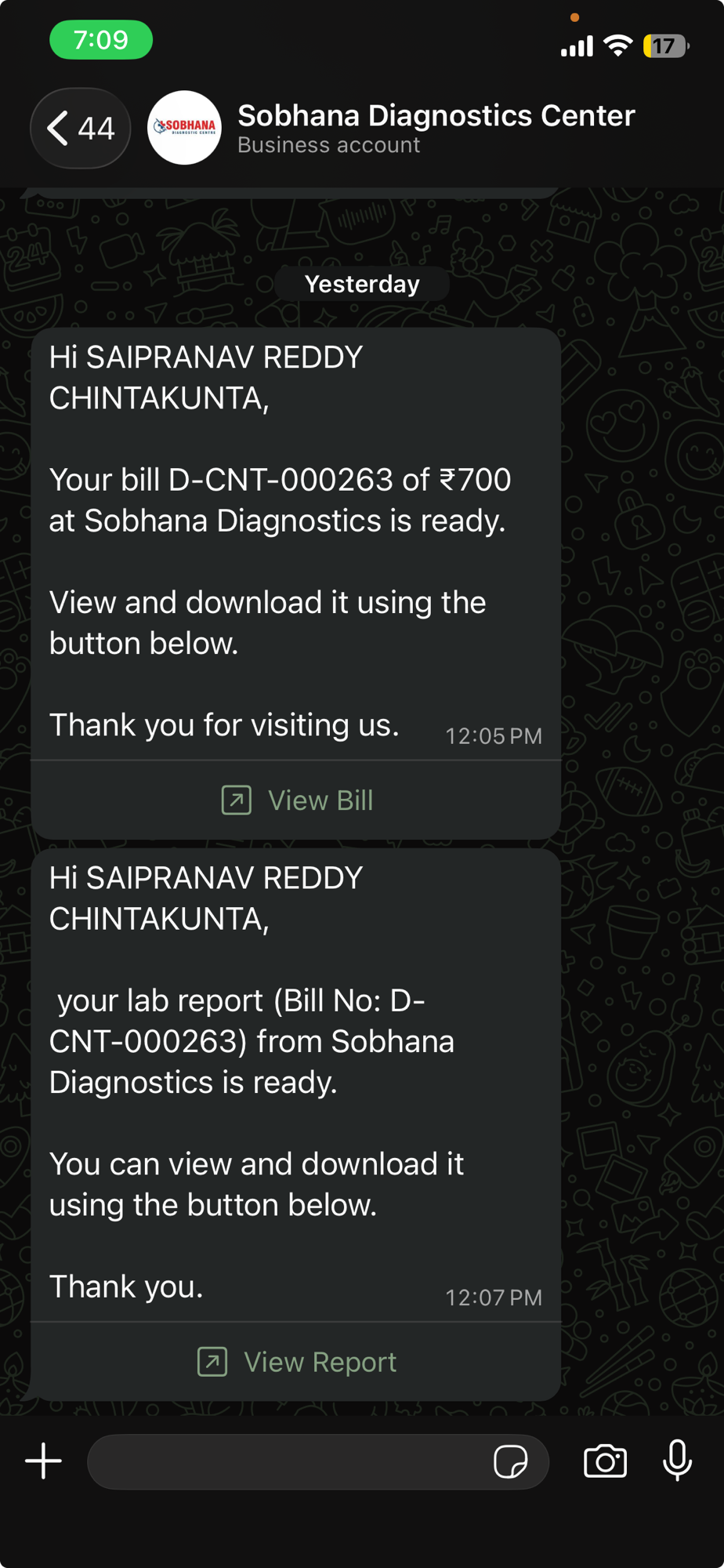 WhatsApp messages delivering bill and report